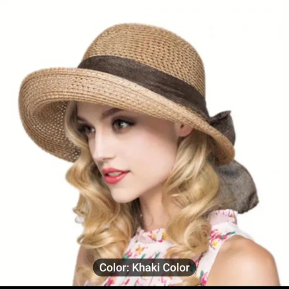New Pretty Cream Straw Hat with Bow UV Protection - Picture 2 of 2
